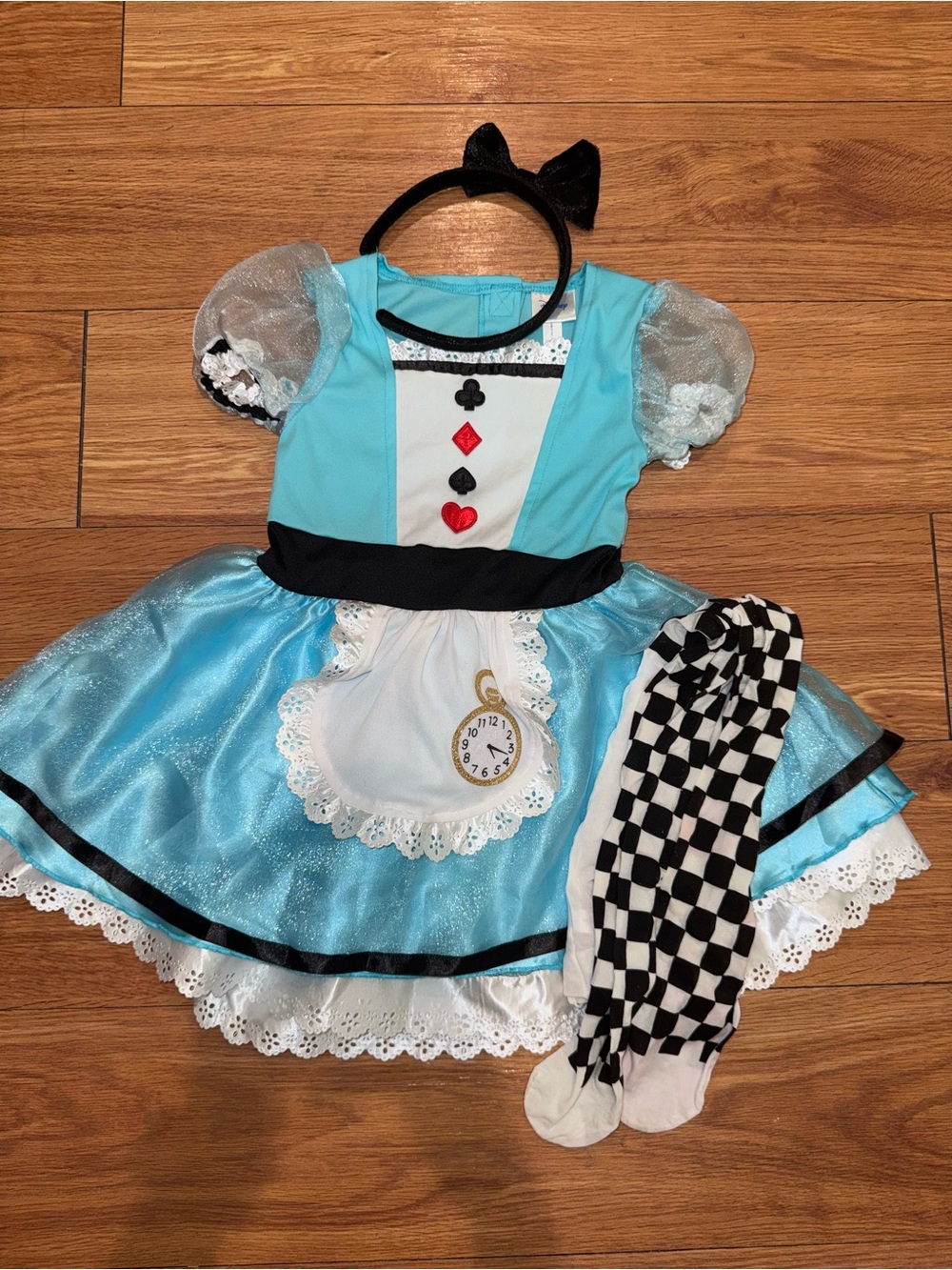 Disney Blue Alice-Style Dress Costume with Black Headband and Checker Tights